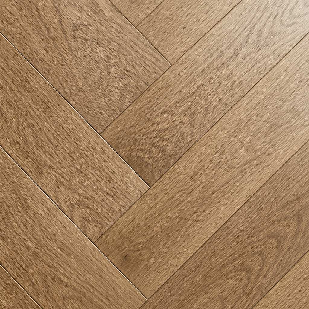 Close-up of brushed oak herringbone flooring showing natural grain, subtle knots, and light reflecting off its textured surface.
