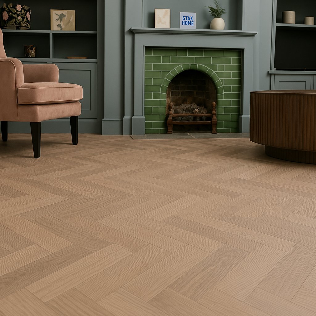 Light oak herringbone flooring in a stylish living room near Exeter’s city centre.