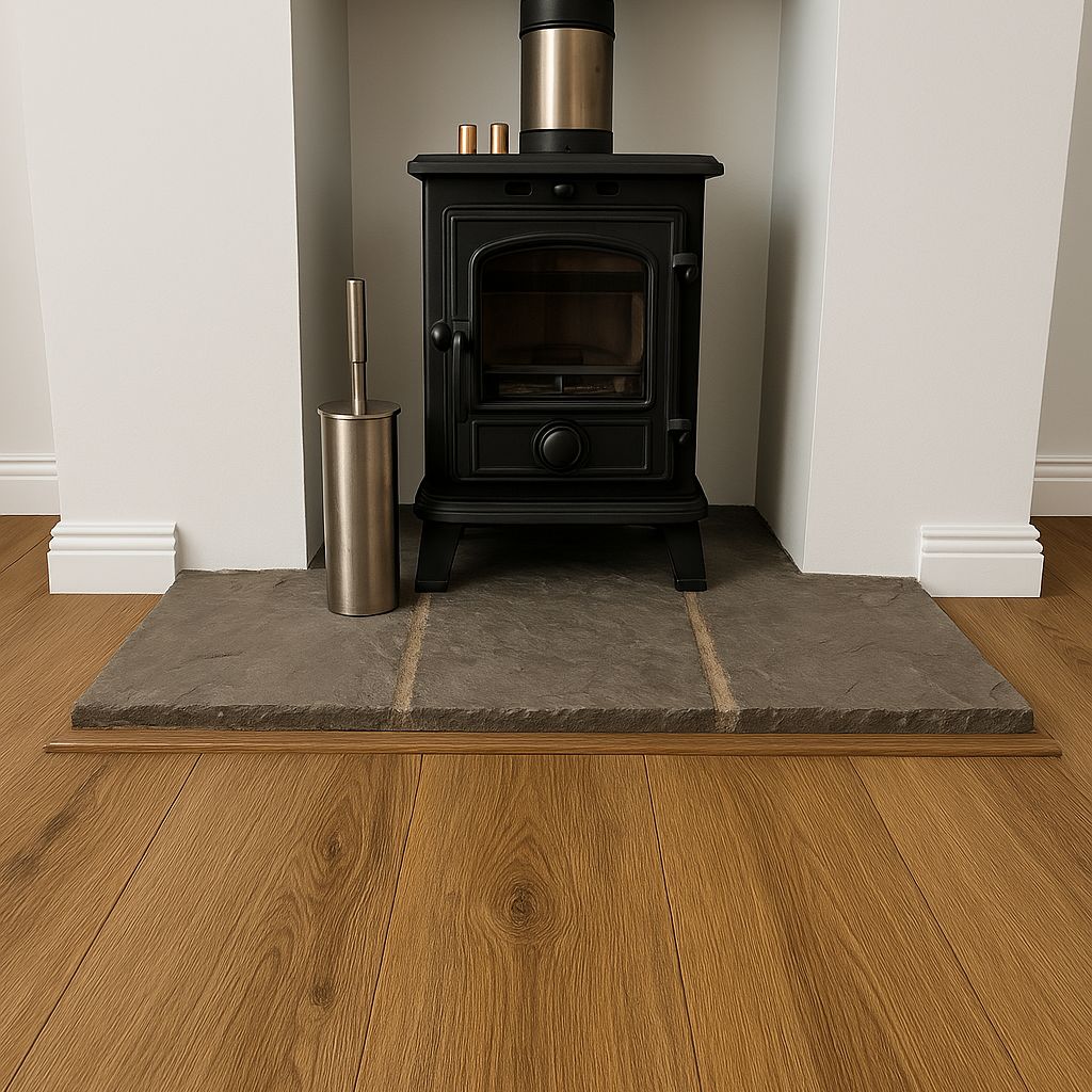Warm oak wood flooring in a cosy living space with a log burner, fitted in a home in St Thomas, Exeter.